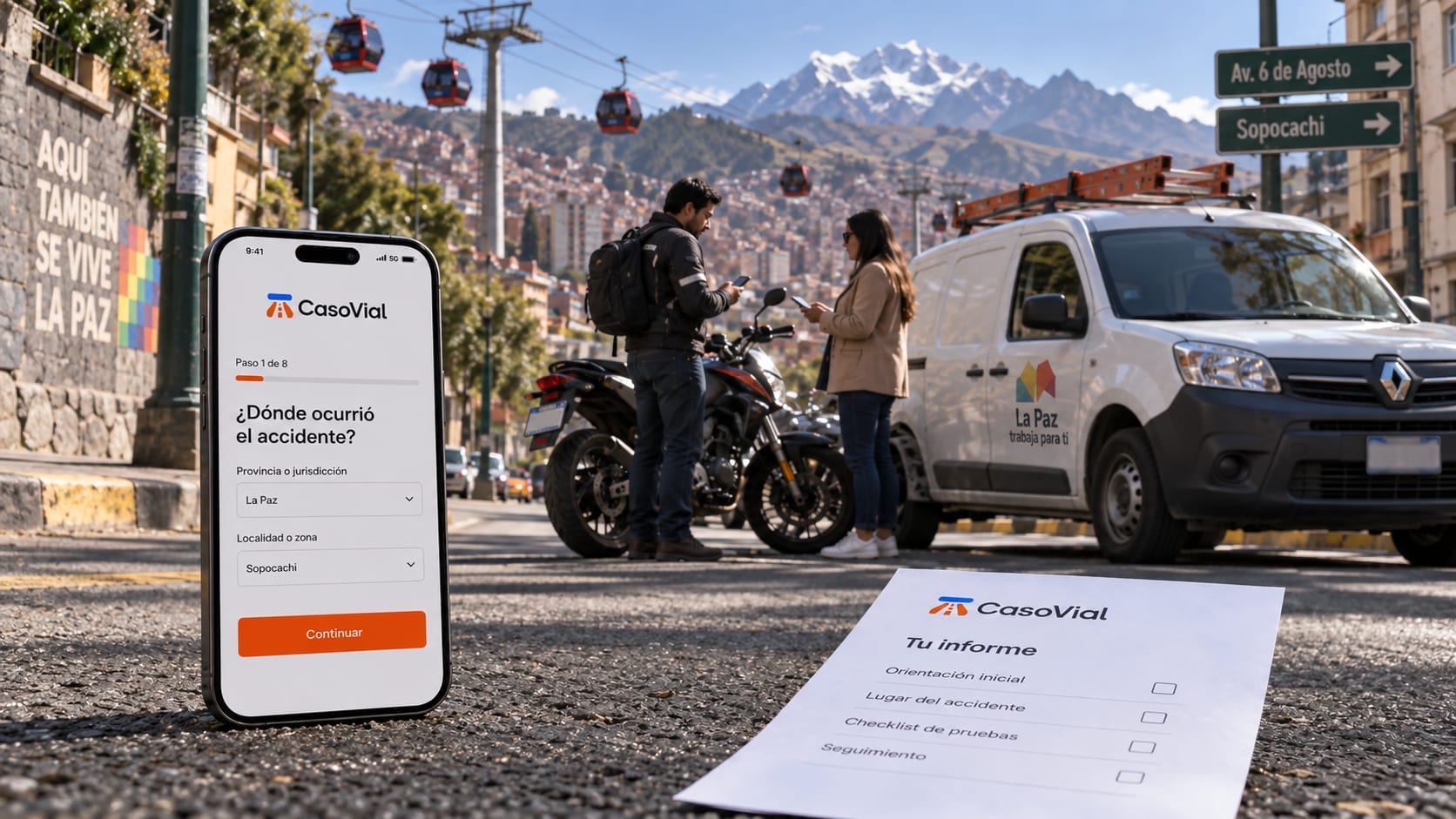 Escena ilustrativa de un hecho de tránsito en La Paz, con un teléfono y el informe de CasoVial